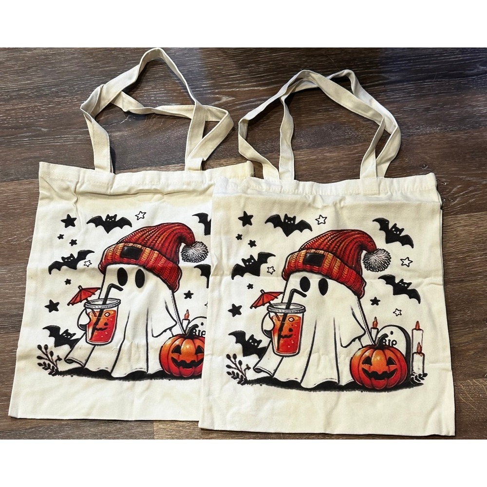 2 Pack Halloween Ghost Canvas Tote Bags Cream Reusable Shopper Pumpkin Bat